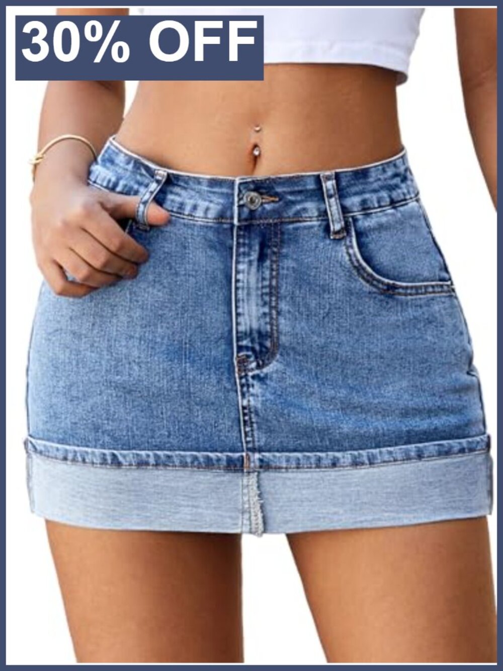High Stretchy Mini Denim Skort with Shorts Underneath Cuffed Hem Pockets